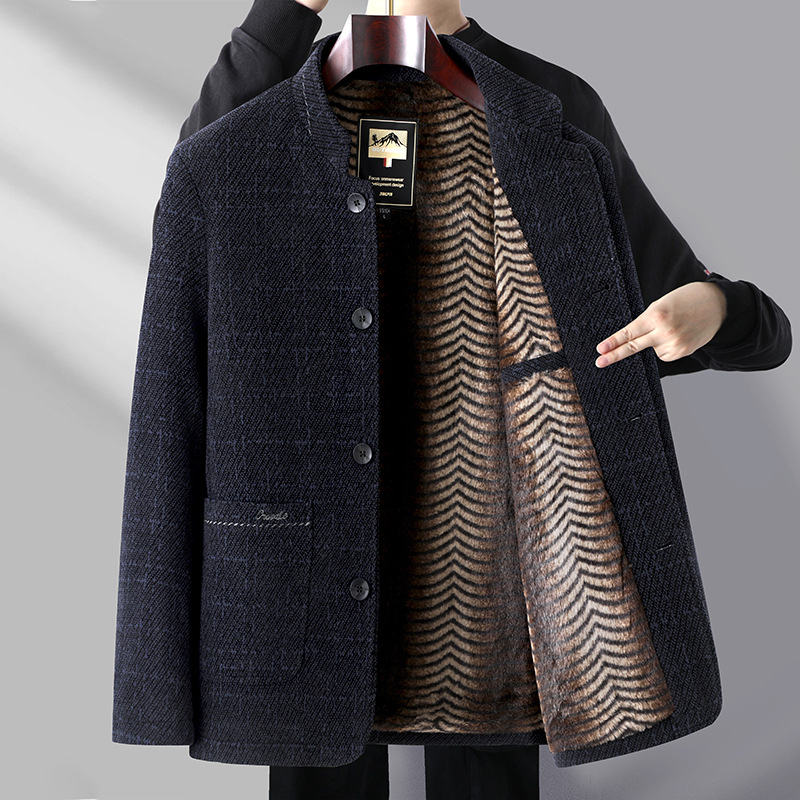 Muško vuneno jakna srednje duljine, stojeći ovratnik, jednodijelno kopčanje, fleece podstava, zimska vanjska odjeća, poslovni stil