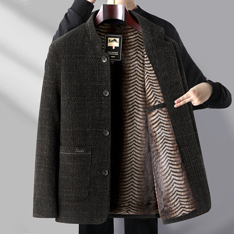 Muško vuneno jakna srednje duljine, stojeći ovratnik, jednodijelno kopčanje, fleece podstava, zimska vanjska odjeća, poslovni stil