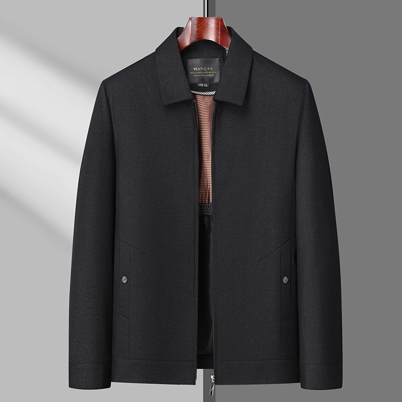 Jachetă pentru bărbați de vârstă mijlocie, guler rever, fermoar frontal, lungime normală, mâneci lungi (poliester respirabil; fermoar frontal; guler rever; lungime normală; mâneci lungi)