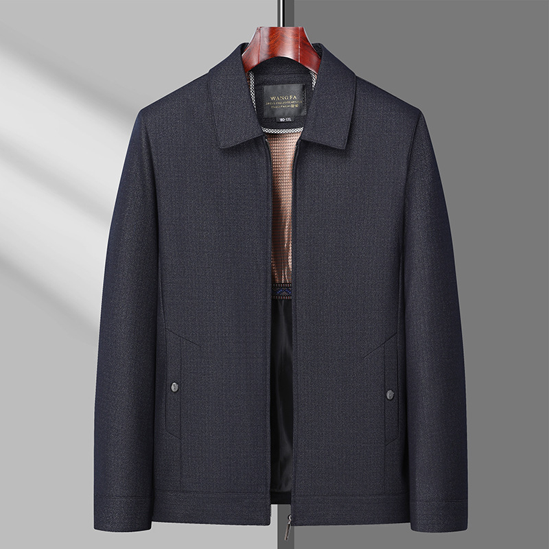 Jachetă pentru bărbați de vârstă mijlocie, guler rever, fermoar frontal, lungime normală, mâneci lungi (poliester respirabil; fermoar frontal; guler rever; lungime normală; mâneci lungi)