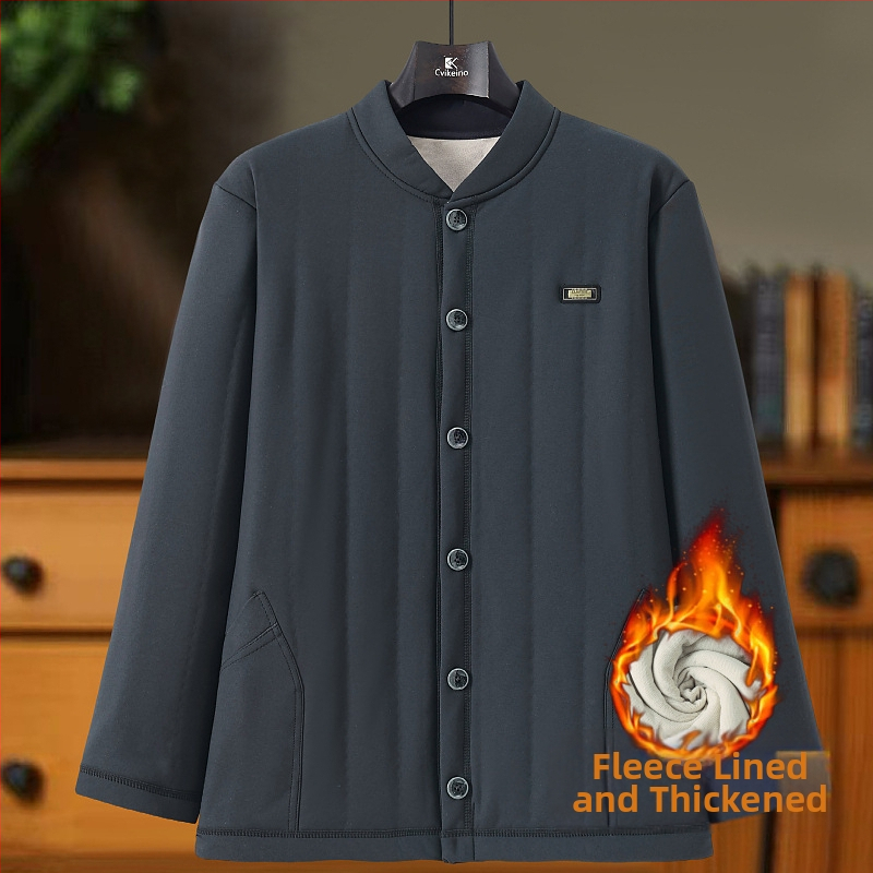 Žieminis šiltas kardiganas vyresnio amžiaus žmonėms, tirštas poliesterio pagrindinis sluoksnis, ilgos rankovės, apvalus kaklas, mygtukų uždarymas