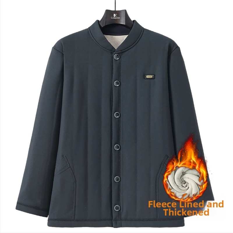 Žieminis šiltas kardiganas vyresnio amžiaus žmonėms, tirštas poliesterio pagrindinis sluoksnis, ilgos rankovės, apvalus kaklas, mygtukų uždarymas