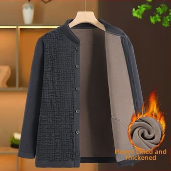 Vyrinis šiltas kardiganas su fliso pamušalu žiemai, ilgomis rankovėmis, vienos eilės užsegimas, įprastas ilgis, poliesterio audinys