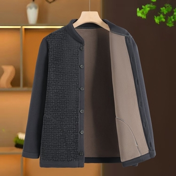 Vyrinis šiltas kardiganas su fliso pamušalu žiemai, ilgomis rankovėmis, vienos eilės užsegimas, įprastas ilgis, poliesterio audinys