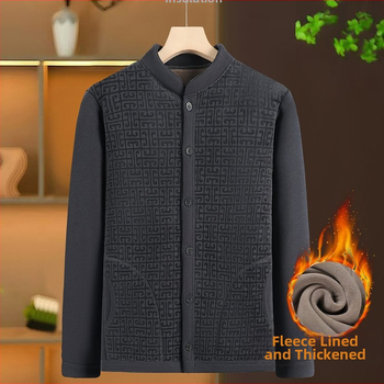 Vyrinis šiltas kardiganas su fliso pamušalu žiemai, ilgomis rankovėmis, vienos eilės užsegimas, įprastas ilgis, poliesterio audinys