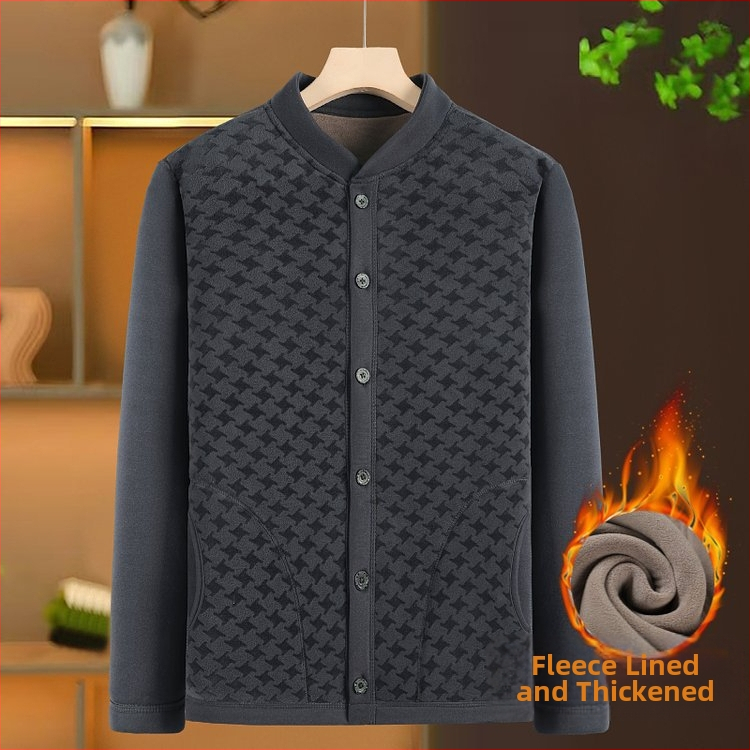 Vyrinis šiltas kardiganas su fliso pamušalu žiemai, ilgomis rankovėmis, vienos eilės užsegimas, įprastas ilgis, poliesterio audinys