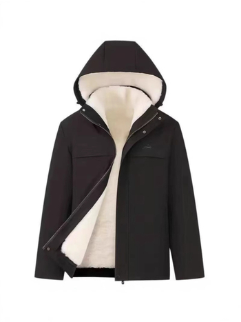 Vyriška žieminė striukė su kailio įdėklu ir vilnos deriniu, storesnis medvilnės užpildas, nuimamas apykaklė, užtrauktukas priekyje, laisvas kirpimas, įprastas ilgis