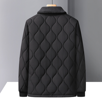 Žieminė vyriška striukė verslo-kasual stilui iš poliesterio, su fliso apykakle, priekinis užsegimas sagomis, storas