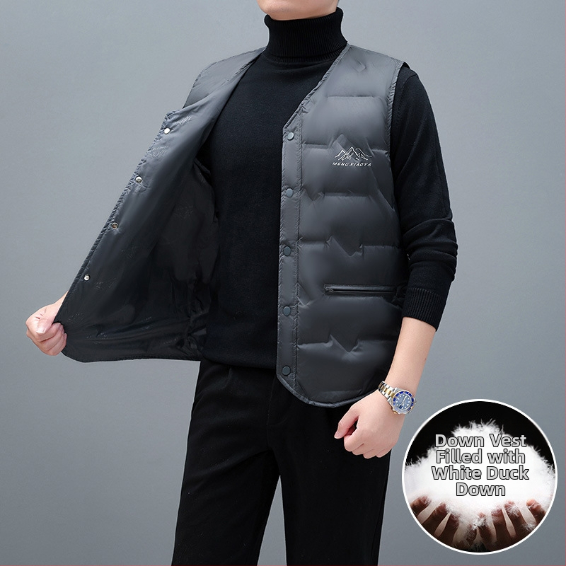 Vīriešu pūka veste, vienkārša kardigāna stila; pūkas saturs: 91–95%; ārējā auduma sastāvs: poliesters; oderējums: 100% poliesters; V kakla atvērums; bez kapuces; sezonas: pavasaris rudens ziema