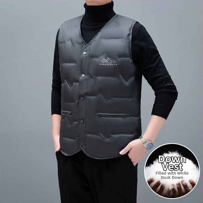 Vīriešu pūka veste, vienkārša kardigāna stila; pūkas saturs: 91–95%; ārējā auduma sastāvs: poliesters; oderējums: 100% poliesters; V kakla atvērums; bez kapuces; sezonas: pavasaris rudens ziema