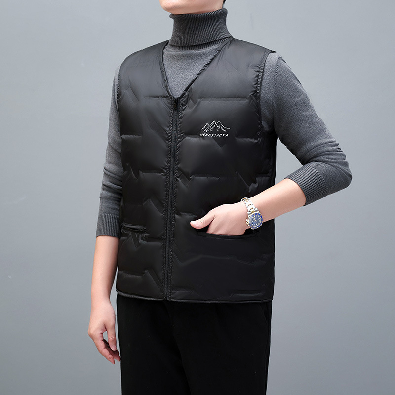 Vīriešu pūka veste, vienkārša kardigāna stila; pūkas saturs: 91–95%; ārējā auduma sastāvs: poliesters; oderējums: 100% poliesters; V kakla atvērums; bez kapuces; sezonas: pavasaris rudens ziema