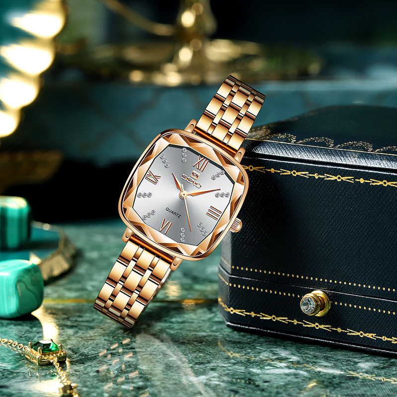 Ceas de damă pătrat cu cuarț MIYOTA, curea din oțel inoxidabil, cadran cu diamante, rezistență la apă 30m