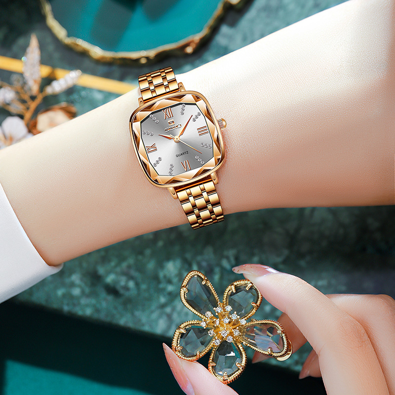 Ceas de damă pătrat cu cuarț MIYOTA, curea din oțel inoxidabil, cadran cu diamante, rezistență la apă 30m