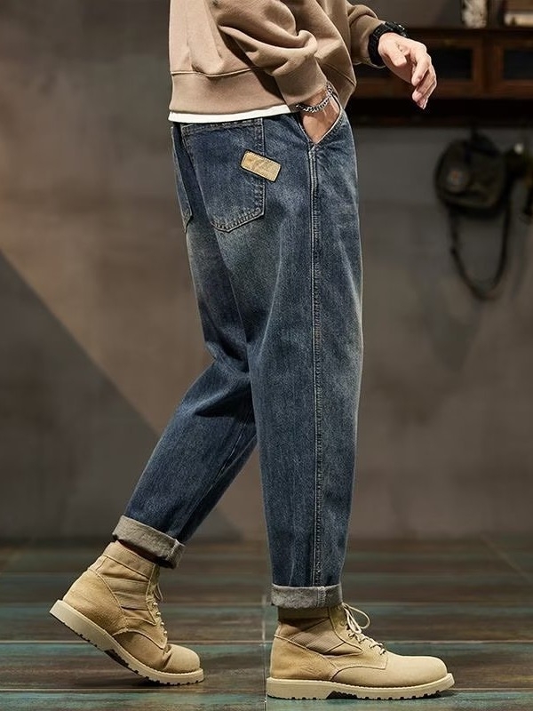 Мъжки дънки, деним 65% памук, средна талия, винтидж пране, украса на джобовете, цип