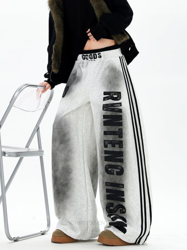 Ženske casual hlače s širokim krojem, visokim strukom, poliester, print sa slovima i tie-dye