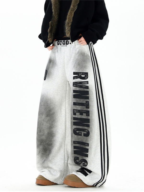 Ženske casual hlače s širokim krojem, visokim strukom, poliester, print sa slovima i tie-dye