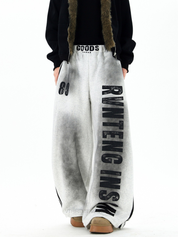 Ženske casual hlače s širokim krojem, visokim strukom, poliester, print sa slovima i tie-dye