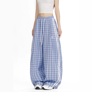 Pantaloni largi cu talie medie, din poliester, cu imprimeu carouri — croială dreaptă, lungime pantalon, stil casual