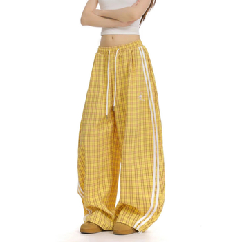 Pantaloni largi cu talie medie, din poliester, cu imprimeu carouri — croială dreaptă, lungime pantalon, stil casual