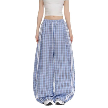 Pantaloni largi cu talie medie, din poliester, cu imprimeu carouri — croială dreaptă, lungime pantalon, stil casual