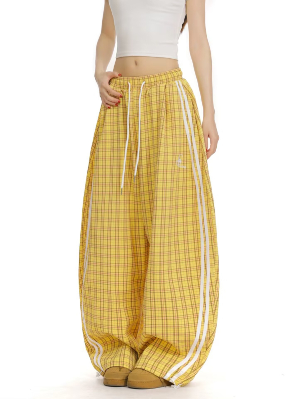 Pantaloni largi cu talie medie, din poliester, cu imprimeu carouri — croială dreaptă, lungime pantalon, stil casual