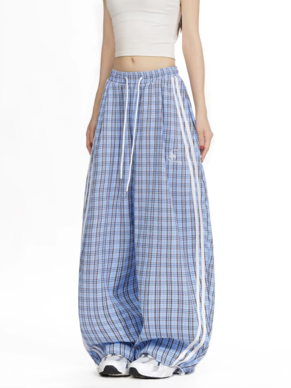 Pantaloni largi cu talie medie, din poliester, cu imprimeu carouri — croială dreaptă, lungime pantalon, stil casual