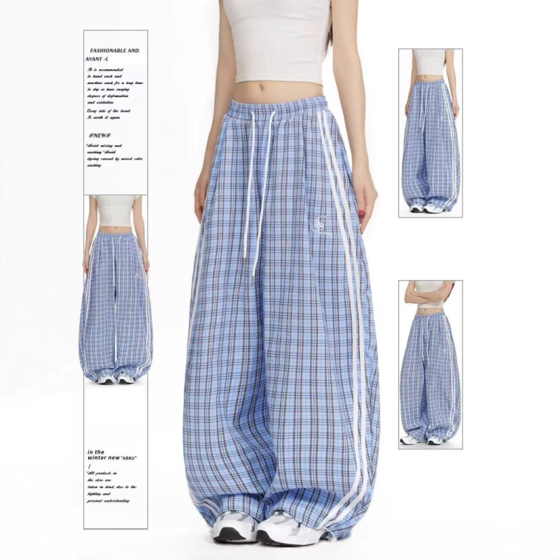 Pantaloni largi cu talie medie, din poliester, cu imprimeu carouri — croială dreaptă, lungime pantalon, stil casual