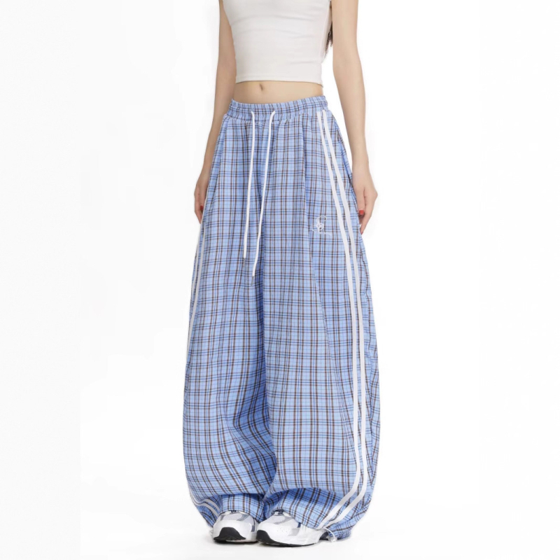 Pantaloni largi cu talie medie, din poliester, cu imprimeu carouri — croială dreaptă, lungime pantalon, stil casual