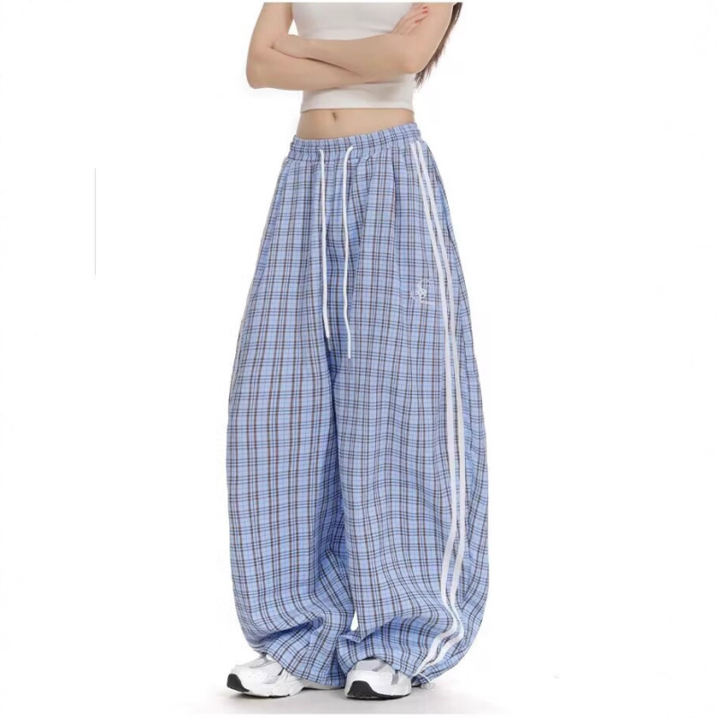 Pantaloni largi cu talie medie, din poliester, cu imprimeu carouri — croială dreaptă, lungime pantalon, stil casual