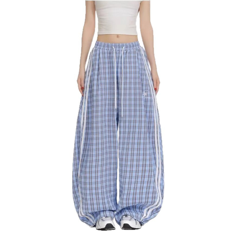 Pantaloni largi cu talie medie, din poliester, cu imprimeu carouri — croială dreaptă, lungime pantalon, stil casual