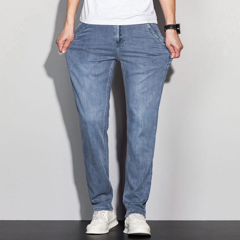 Muške traperice Lyocell, ravnog kroja, srednji pojas, zip zatvarač, tanak materijal