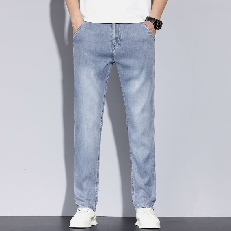 Muške traperice Lyocell, ravnog kroja, srednji pojas, zip zatvarač, tanak materijal