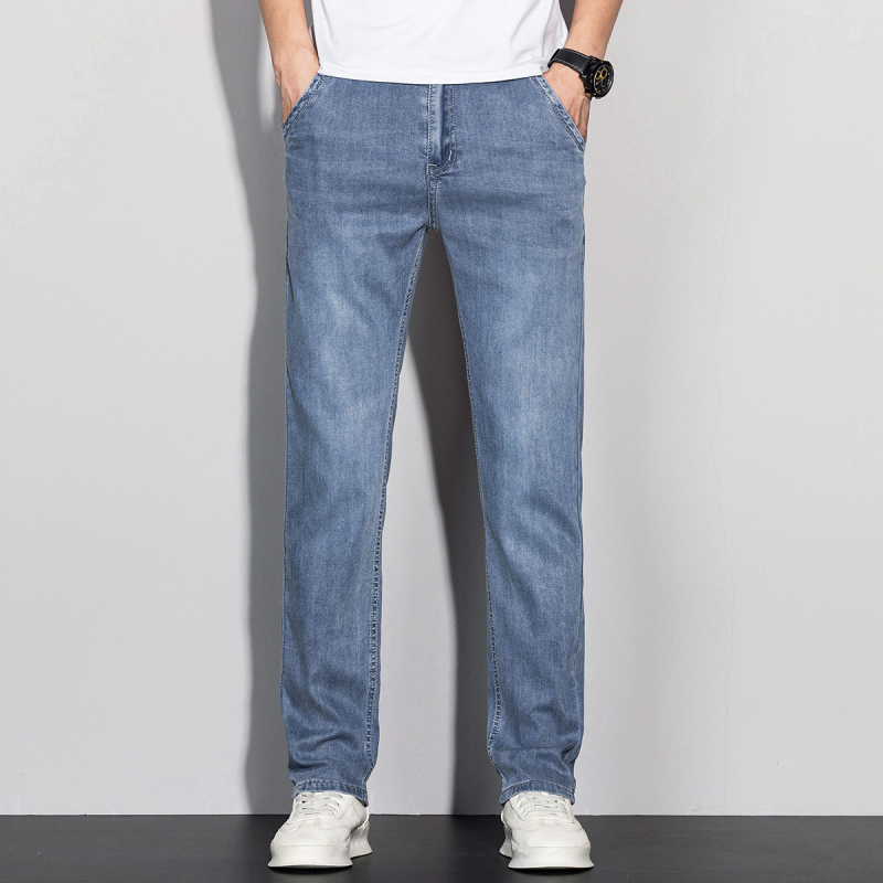 Muške traperice Lyocell, ravnog kroja, srednji pojas, zip zatvarač, tanak materijal