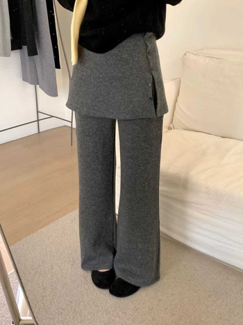 Pantaloni casual tricotati (cașmir artificial, talie elastică, croială lejeră, stil coreean, țesătură groasă)