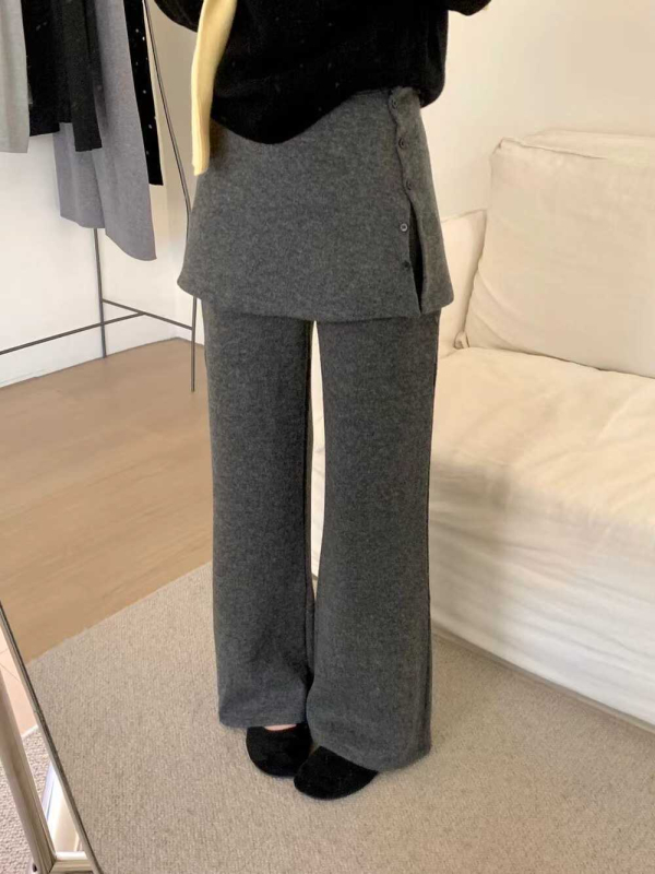 Pantaloni casual tricotati (cașmir artificial, talie elastică, croială lejeră, stil coreean, țesătură groasă)