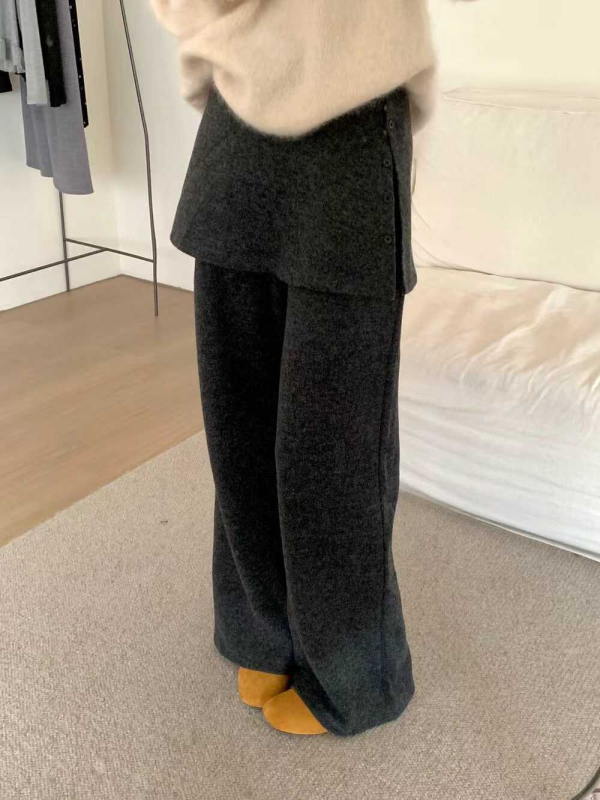 Pantaloni casual tricotati (cașmir artificial, talie elastică, croială lejeră, stil coreean, țesătură groasă)