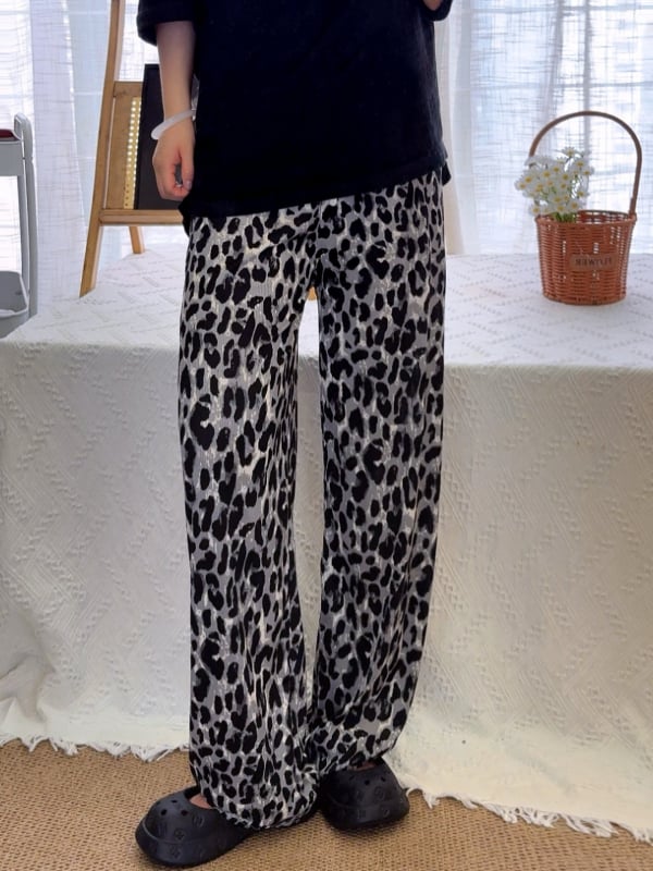 Ženske hlače s leopardovim uzorkom, široke nogavice, visoki pojas, lagana tkanina, poliester, ljeto 2025 (Poliester 90–95%; visoka elastičnost; visoki pojas; lagana tkanina; casual stil)