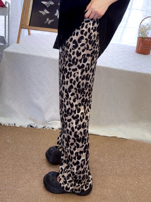 Ženske hlače s leopardovim uzorkom, široke nogavice, visoki pojas, lagana tkanina, poliester, ljeto 2025 (Poliester 90–95%; visoka elastičnost; visoki pojas; lagana tkanina; casual stil)