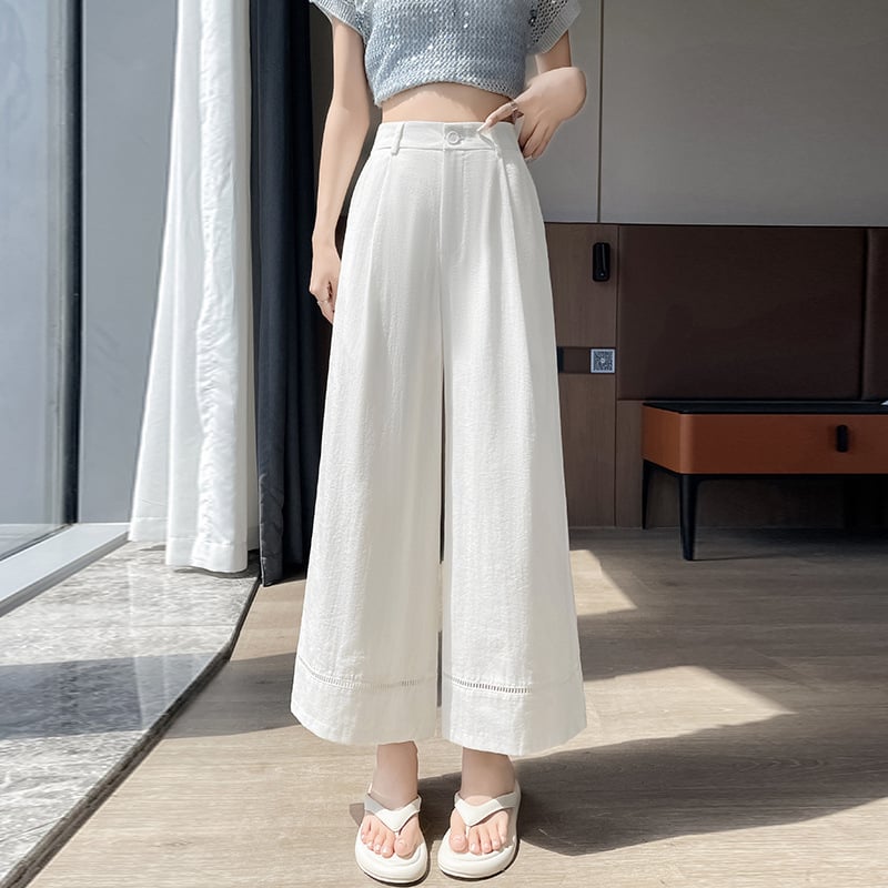 Nohavice s vyrezanými detailmi, cropped rovné nohavice, vysoký pás, bavlna-lenová zmes, 92% bavlna, 8% polyester, mikroelastické, leto 2025