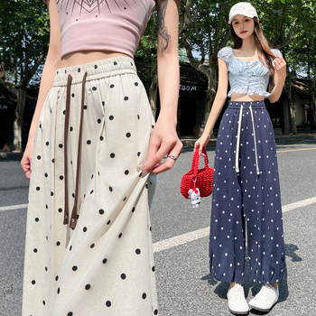 Ženske ležerne hlače s točkicama, poliester, visok pojas, široke nogavice, cropped duljina