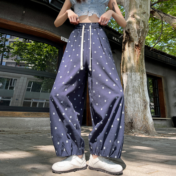 Ženske ležerne hlače s točkicama, poliester, visok pojas, široke nogavice, cropped duljina