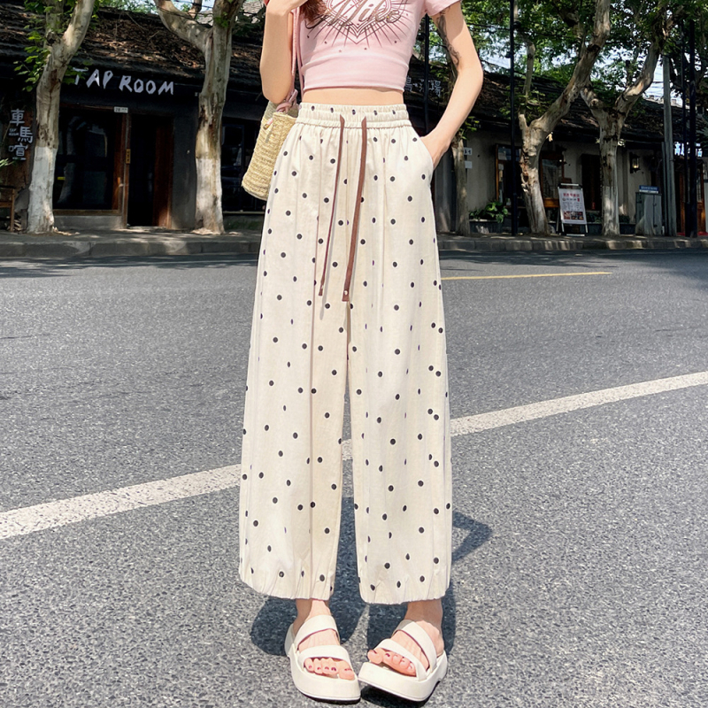 Ženske ležerne hlače s točkicama, poliester, visok pojas, široke nogavice, cropped duljina