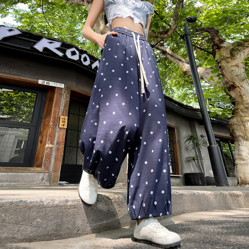 Ženske ležerne hlače s točkicama, poliester, visok pojas, široke nogavice, cropped duljina