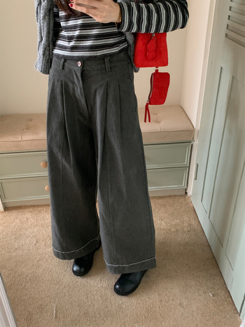 Casual hlače od pamuka širokih nogavica, visokim strukom, debela tkanina, 95% pamuk, korejski stil, HOOOZEN