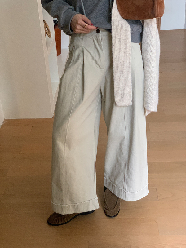 Casual hlače od pamuka širokih nogavica, visokim strukom, debela tkanina, 95% pamuk, korejski stil, HOOOZEN