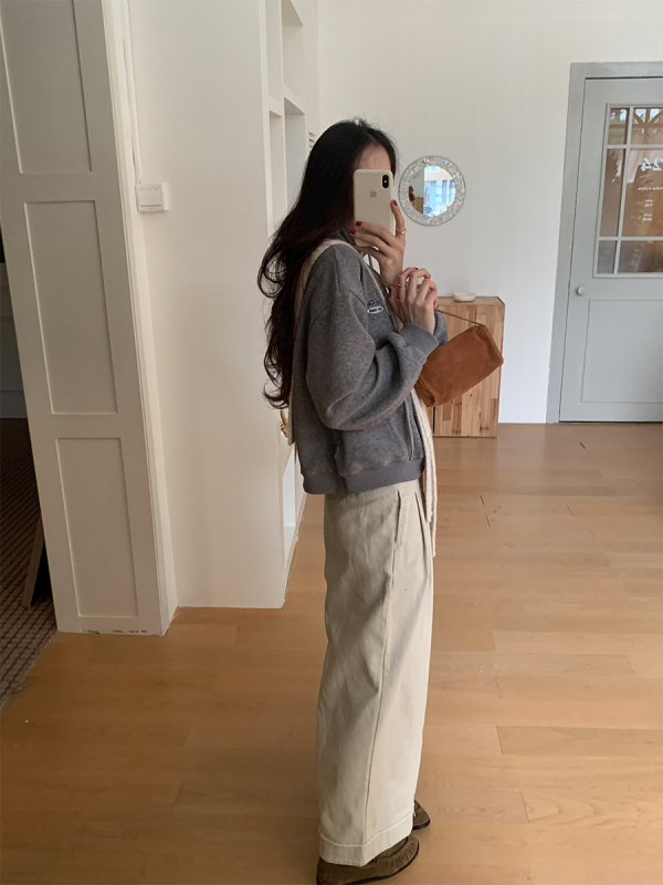 Casual hlače od pamuka širokih nogavica, visokim strukom, debela tkanina, 95% pamuk, korejski stil, HOOOZEN