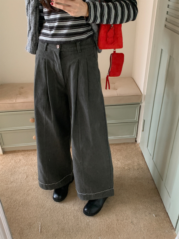 Casual hlače od pamuka širokih nogavica, visokim strukom, debela tkanina, 95% pamuk, korejski stil, HOOOZEN