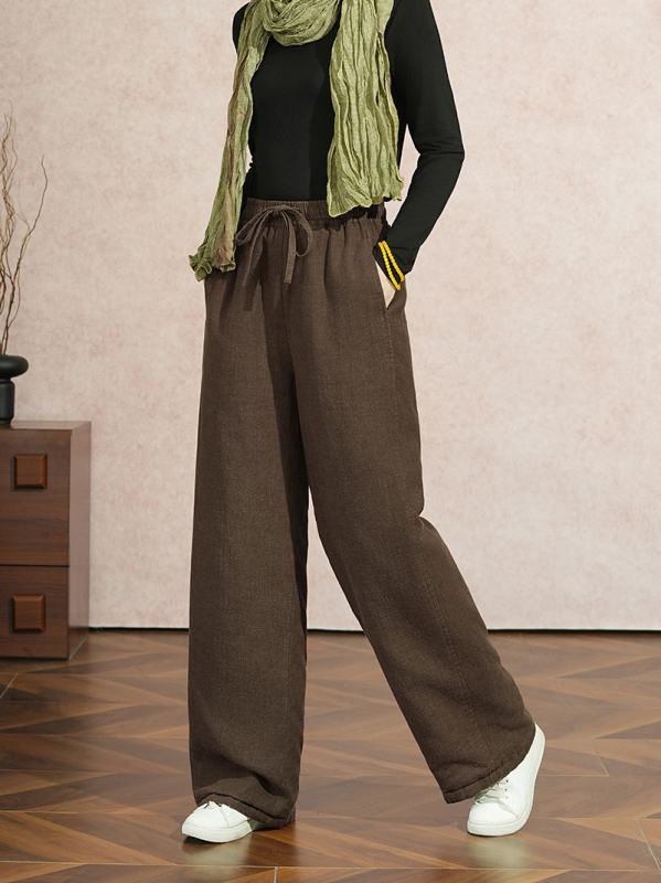 Γυναικείοι παντελόνες από Tencel Ramie Cotton, πυκνό quilted ύφασμα με γέμισμα imitation silk cotton, ελαστική μέση, φαρδιά γραμμή, χειμώνας 2025