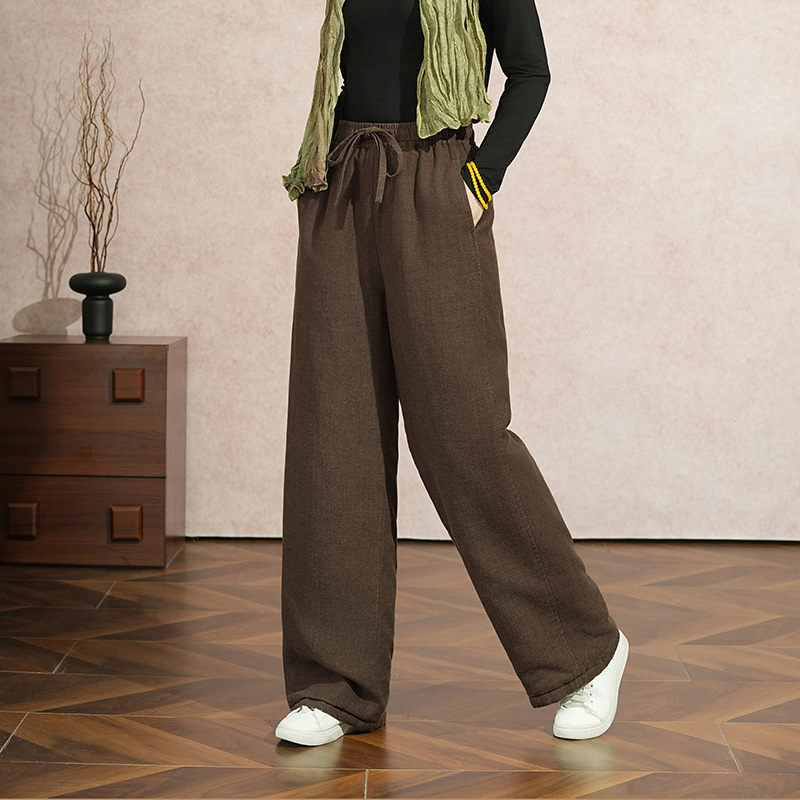 Γυναικείοι παντελόνες από Tencel Ramie Cotton, πυκνό quilted ύφασμα με γέμισμα imitation silk cotton, ελαστική μέση, φαρδιά γραμμή, χειμώνας 2025