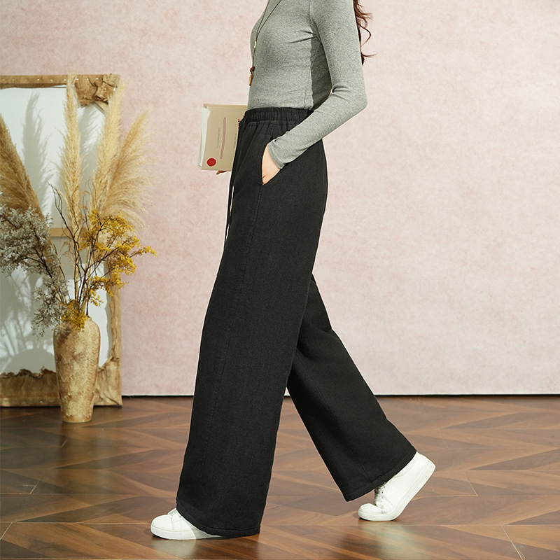 Γυναικείοι παντελόνες από Tencel Ramie Cotton, πυκνό quilted ύφασμα με γέμισμα imitation silk cotton, ελαστική μέση, φαρδιά γραμμή, χειμώνας 2025